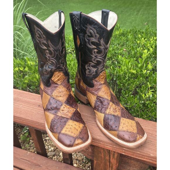 J.B. Dillon Patchwork Ostrich Cowboy Boots 13D Western Artisan Rodeo Statement main image 8